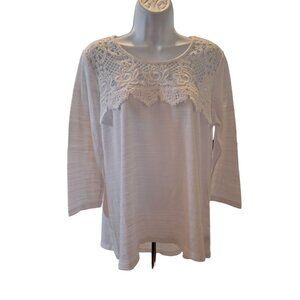 Status Chenault Womens Top Large White 3/4 Sleeve Crochet Lace Trim Fairy